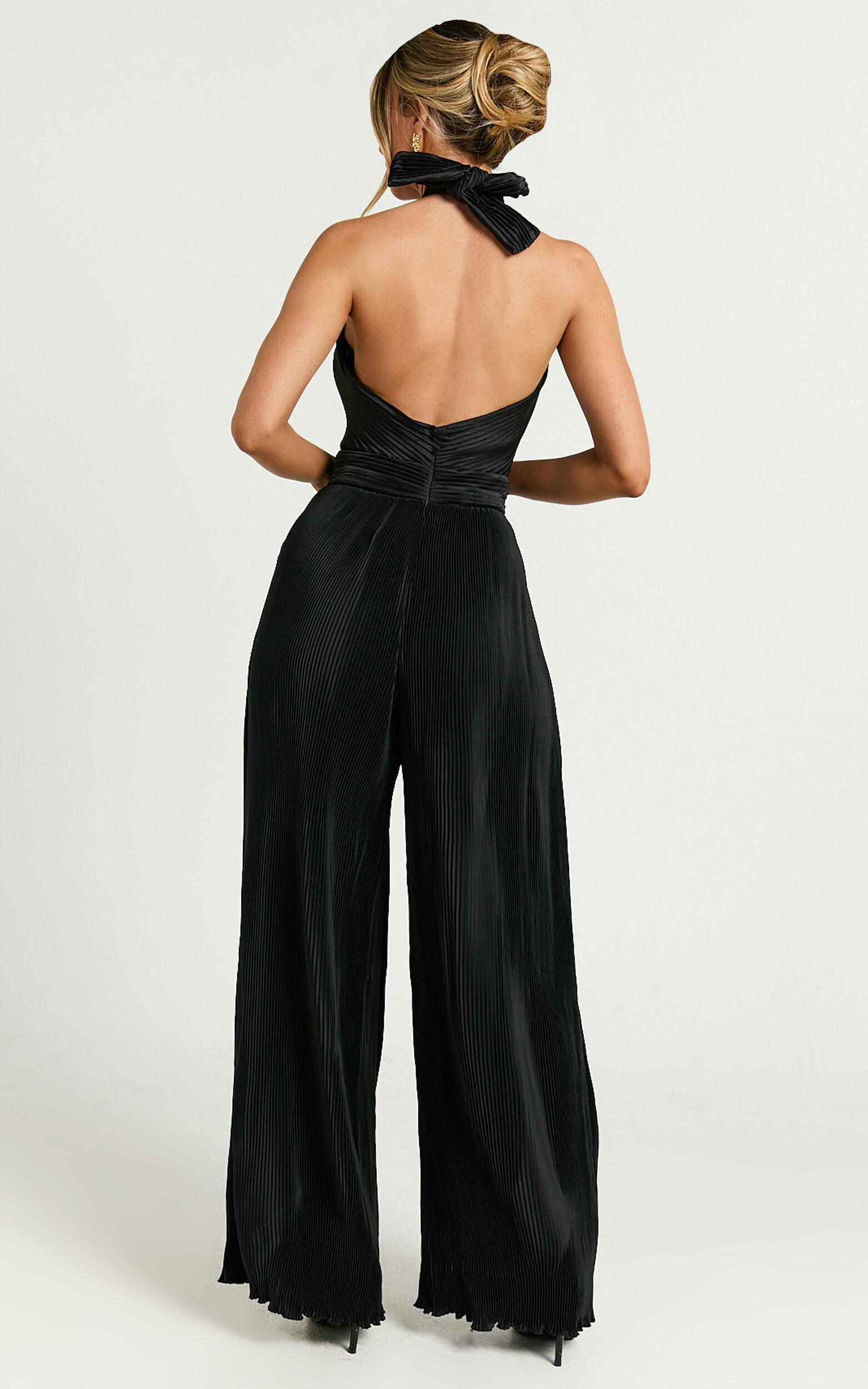 Paris Jumpsuit - Plisse Halter Neck Wide Leg Jumpsuit in Black Product Image