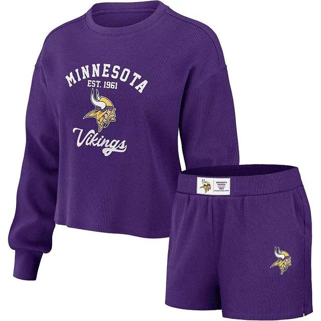 Womens WEAR by Erin Andrews Minnesota Vikings Waffle Knit Long Sleeve T-Shirt & Shorts Lounge Set Product Image