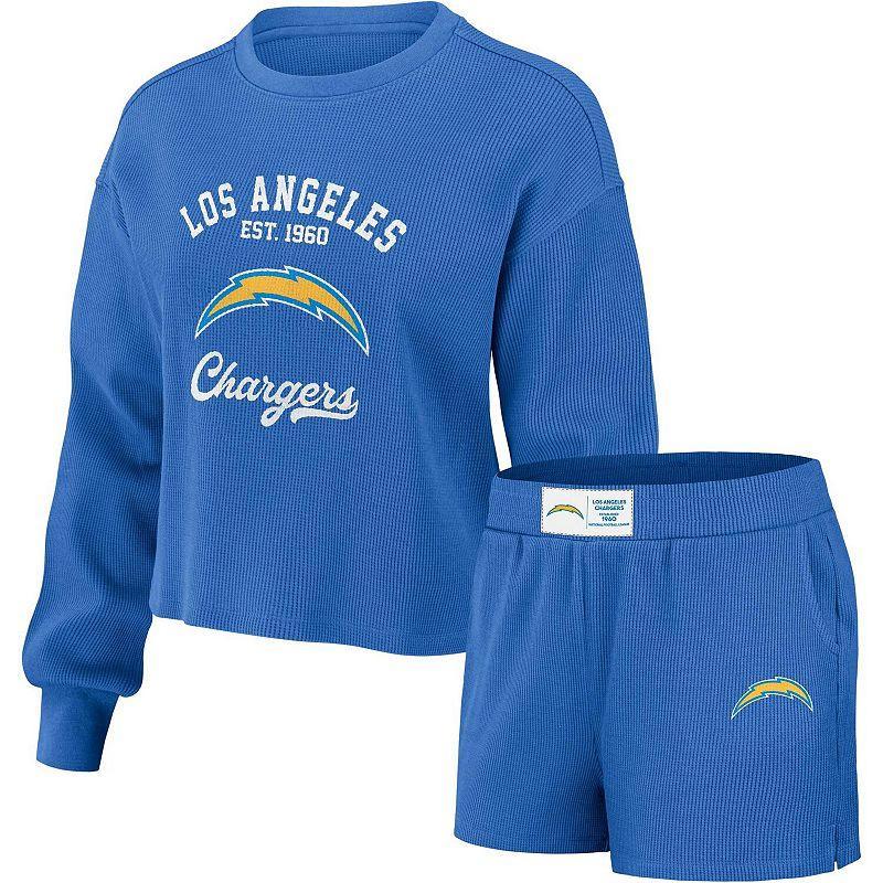 Womens Wear by Erin Andrews Blue Distressed Los Angeles Chargers Waffle Knit Long Sleeve T-shirt and Shorts Lounge Set Product Image