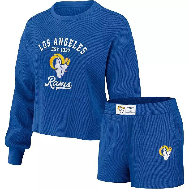 Womens WEAR by Erin Andrews Royal Los Angeles Rams Waffle Knit Long Sleeve T-Shirt & Shorts Lounge Set Product Image