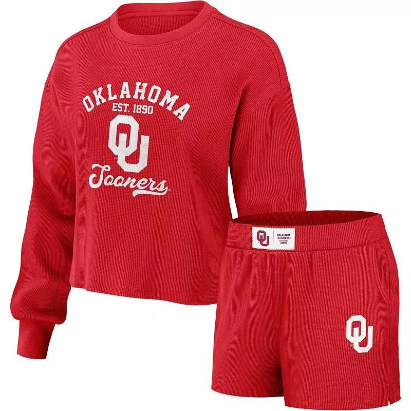 Womens WEAR by Erin Andrews Crimson Oklahoma Sooners Waffle Knit Long Sleeve T-Shirt & Shorts Lounge Set Product Image