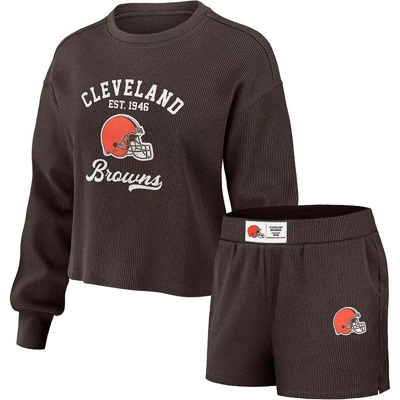 Womens WEAR by Erin Andrews Cleveland s Waffle Knit Long Sleeve T-Shirt & Shorts Lounge Set Product Image