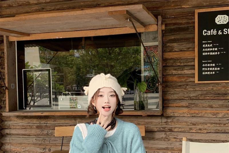 Bow Crew Neck Plain Button Cardigan / Knit Mini Skirt / Mid Waist Corduroy Wide Leg Pants Product Image