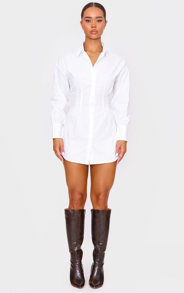 White Fitted Waist Long Sleeve Button Shirt Dress Product Image