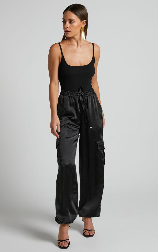 Jadeiah Pants - Mid Rise Cargo Pocket Satin Jogger Pant in Black Product Image