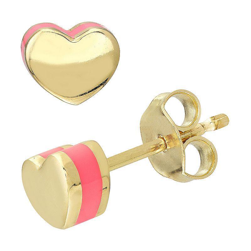 Color Romance 14k Gold 5 mm Pink Enamel Domed Heart Stud Earrings, Womens, Yellow Product Image