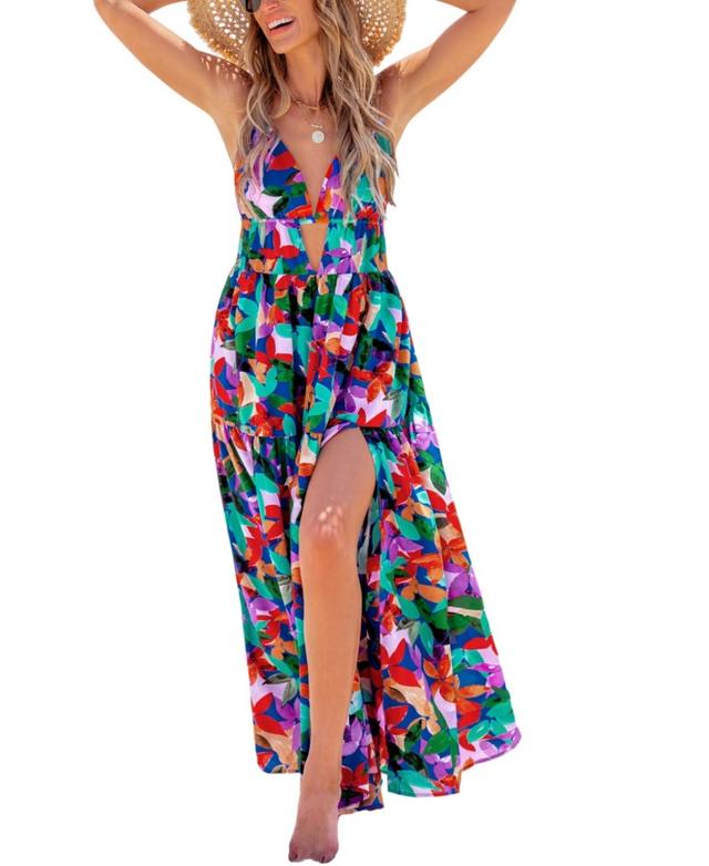 Women's Tropical Plunging Sleeveless Keyhole Maxi Beach Dress Product Image