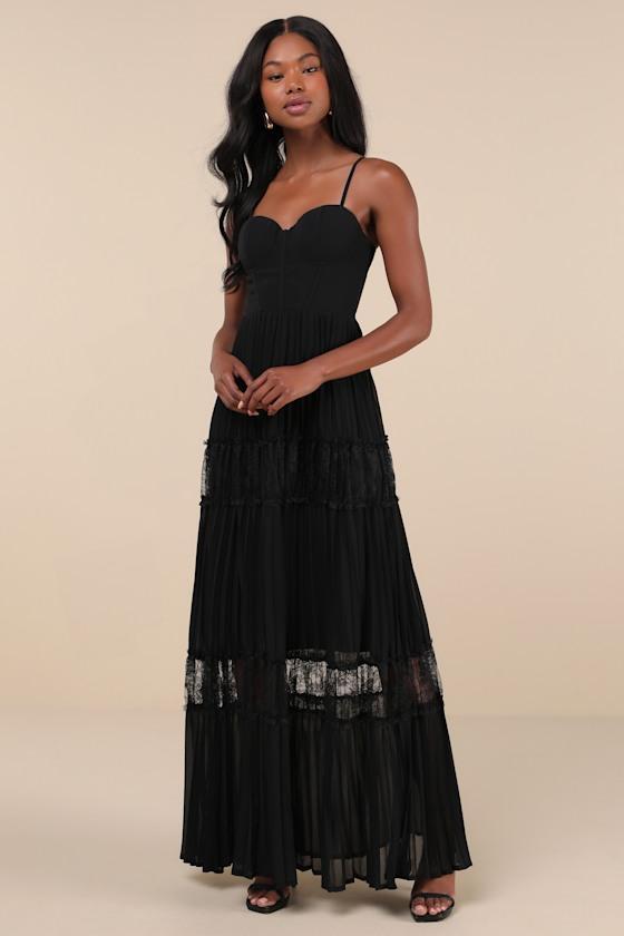 Stunning RSVP Black Pleated Lace Sleeveless Bustier Maxi Dress Product Image