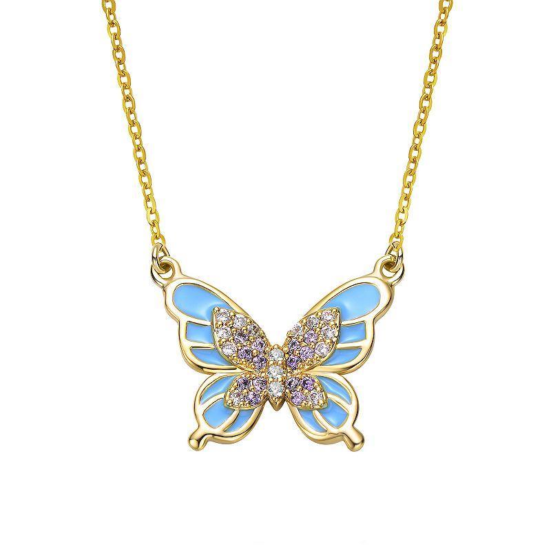 14k Gold Plated Blue & Clear Cubic Zirconia Blue Enamel Butterfly Necklace, Womens Gold Tone Product Image