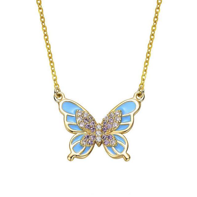 14k Gold Plated Blue & Clear Cubic Zirconia Blue Enamel Butterfly Necklace, Womens Product Image