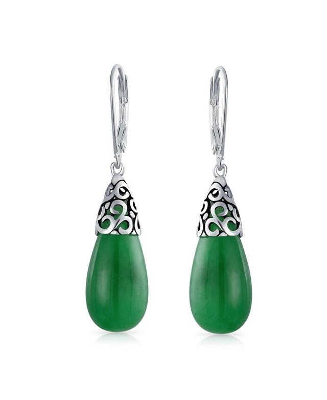 Bling Jewelry Western Style Dyed Green Natural Jade Elongated Teardrop Filigree Lever Back Dangle Earrings For Women Sterling Silver Product Image