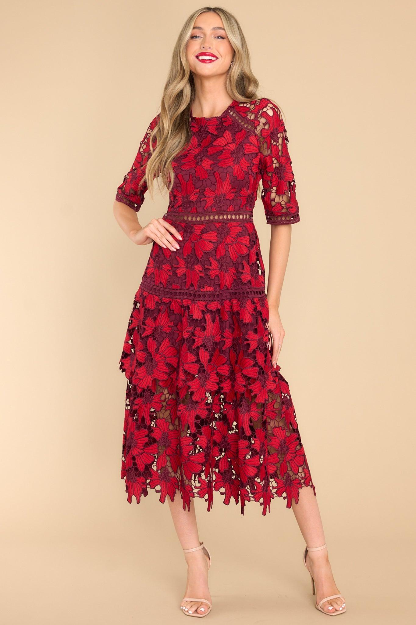 Get To The Point Red Lace Midi Dress Product Image