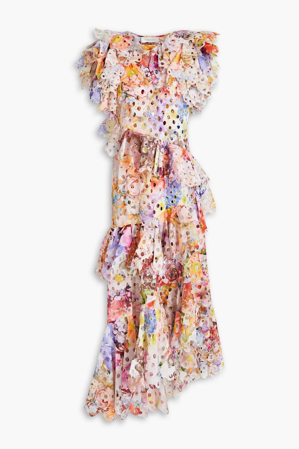 Prima Ruffled Perforated Floral-print Recycled Crepe Midi Dress In Multicolor Product Image