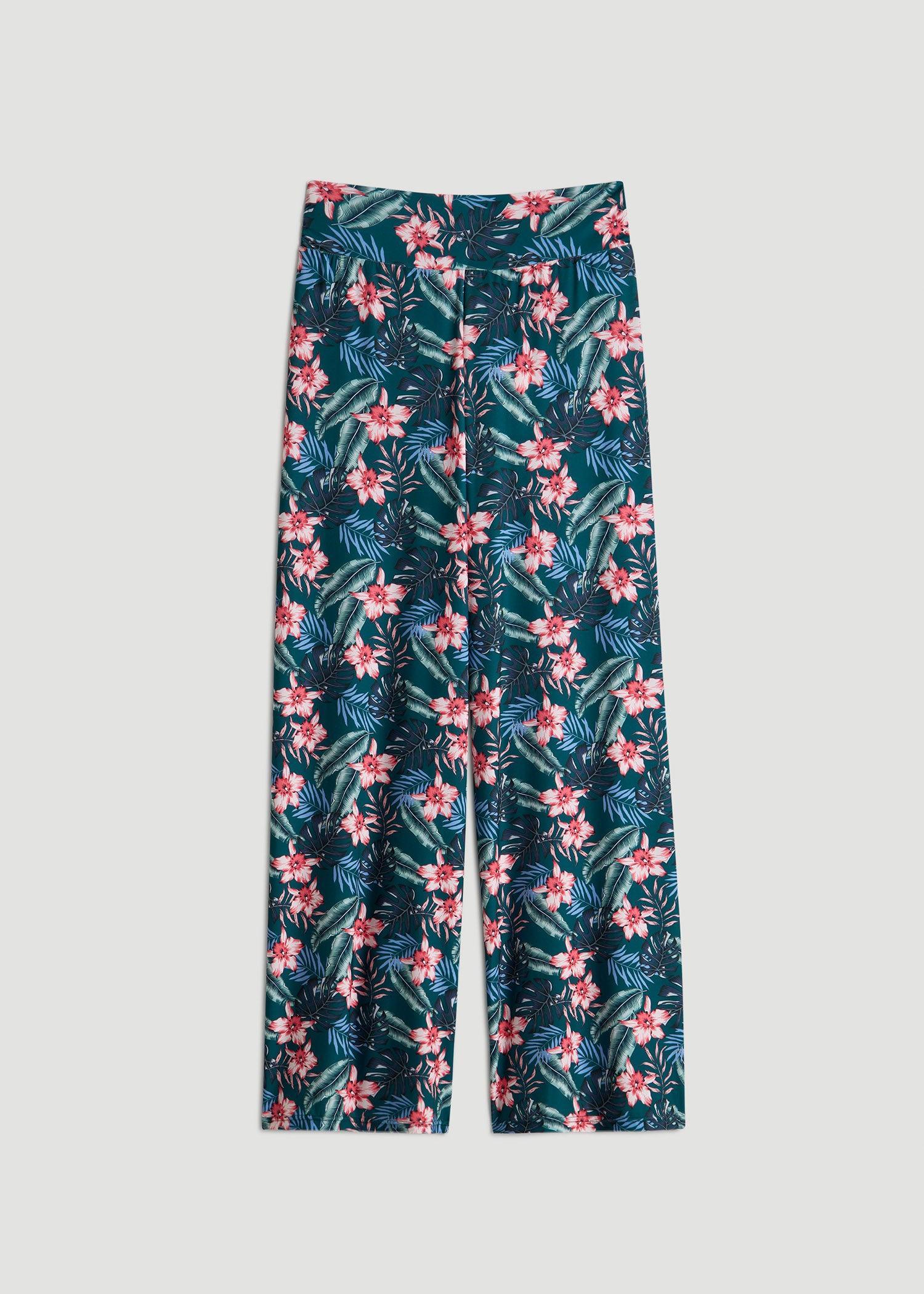 Pull On Breezy Wide Leg Pants for Tall Women in Green Tropical Floral Print Female Product Image