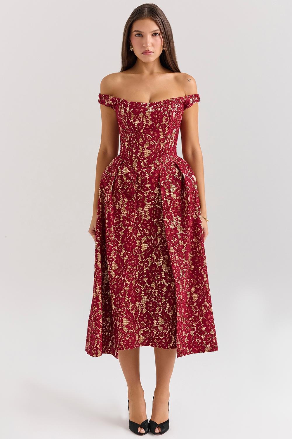 Charming Gold and Berry Lace Midi Off Shoulder Dress Product Image