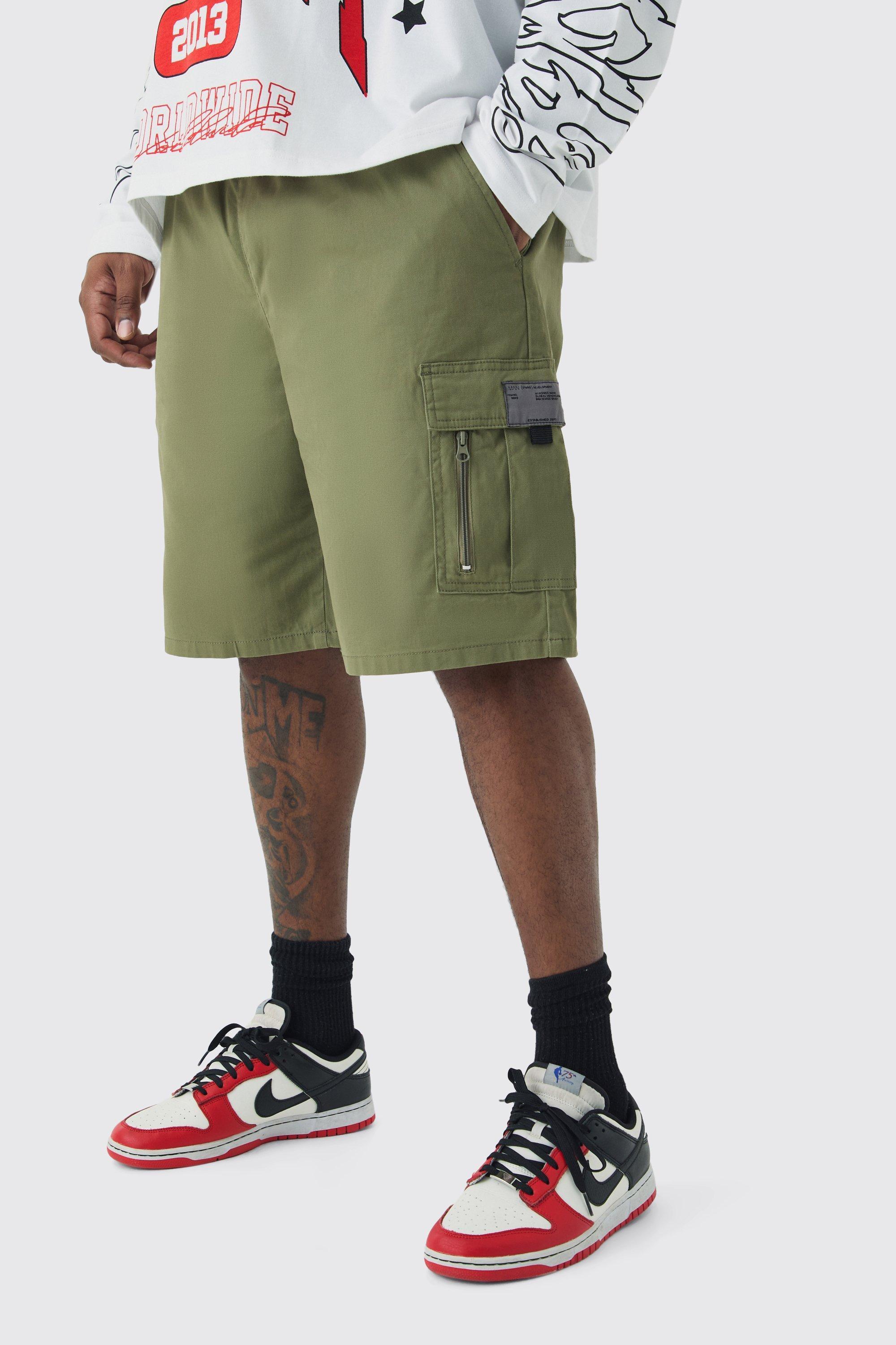 Plus Fixed Waist Twill Relaxed Cargo Zip Detail Tab Short | boohooMAN USA Product Image