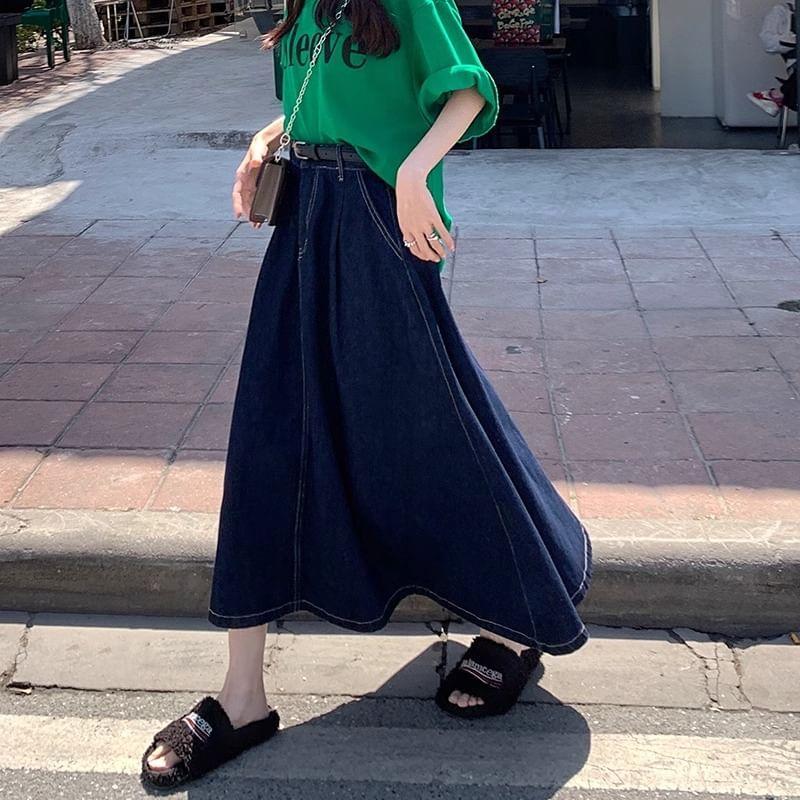 High Waist Washed Denim Midi A-Line Skirt Product Image