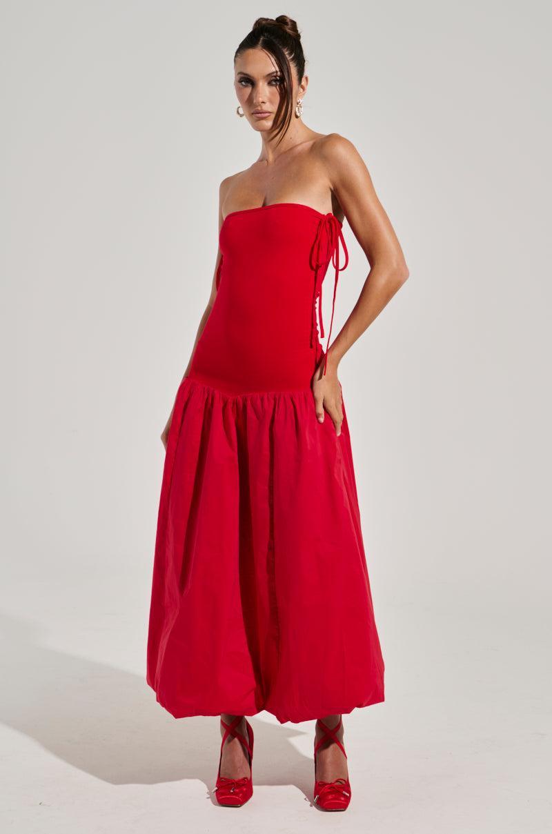 SITTING PRETTY POPLIN MIDI DRESS IN RED Product Image