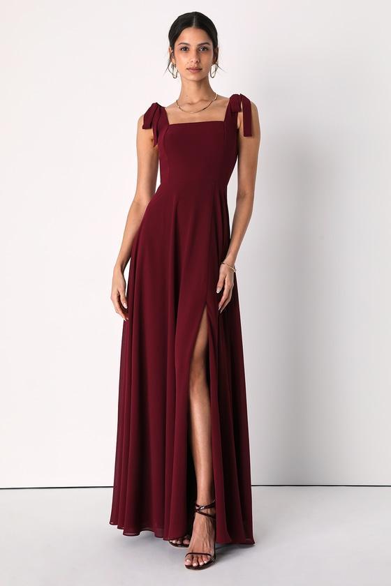 Love Me Forever Burgundy Tie-Strap Square Neck Maxi Dress Product Image