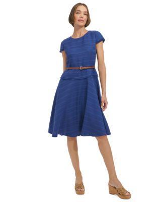 Women's Belted Cap-Sleeve Fit & Flare Dress Product Image