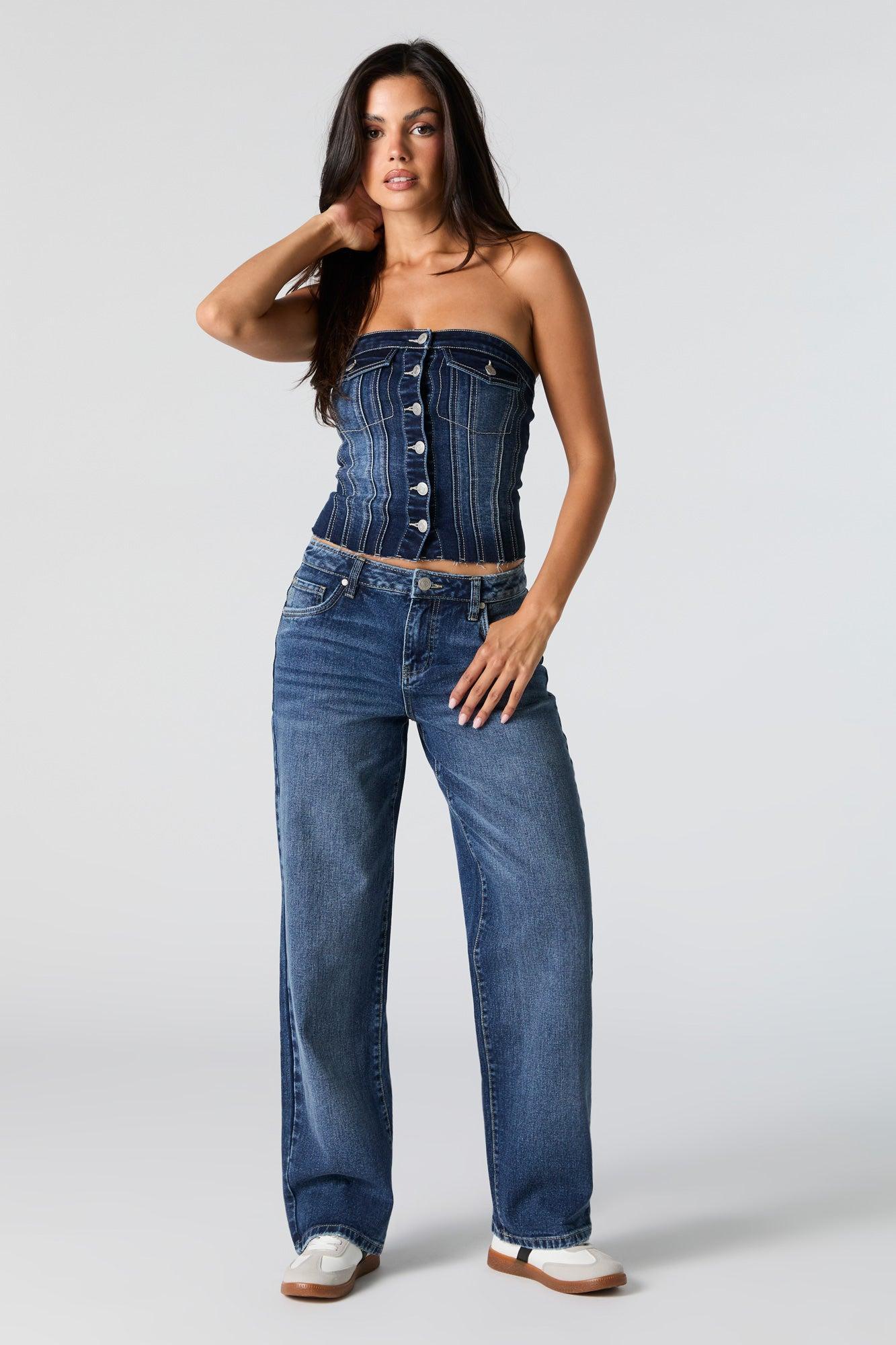 Denim Button Front Tube Top Female Product Image