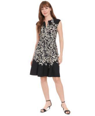 Petite Printed Split-Neck Fit & Flare Dress Product Image