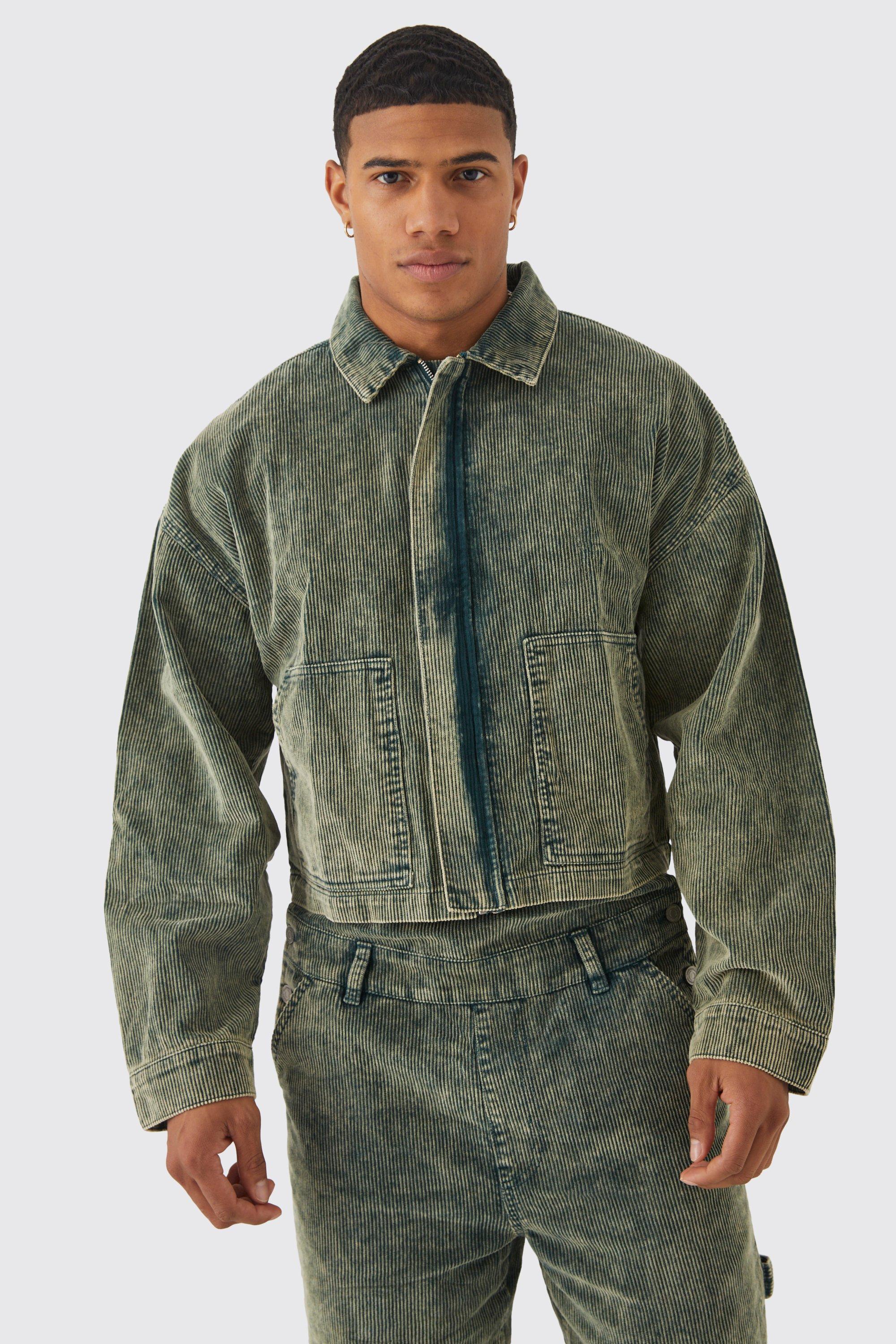 Mens Green Boxy Acid Wash Cord Jacket, Green Product Image