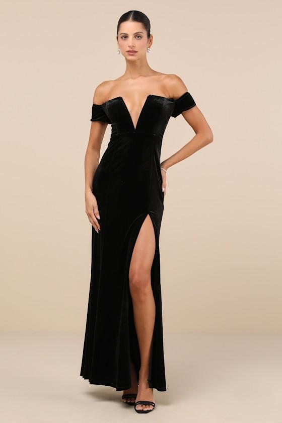 Captivating Silhouette Black Velvet Off-the-Shoulder Maxi Dress Product Image