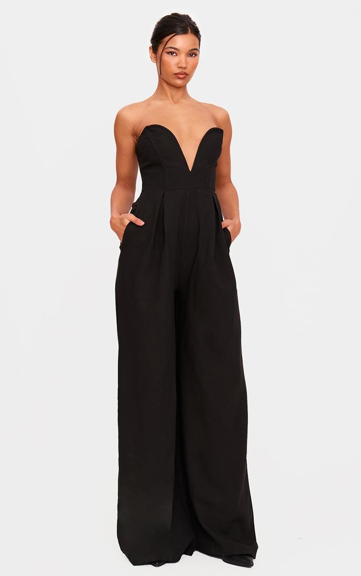 PLT Label Black Plunge Wide Leg Jumpsuit Product Image