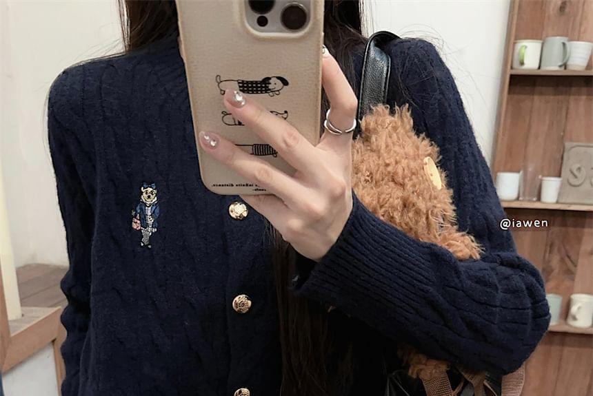 Bear Embroidered Button-Up Cardigan Product Image