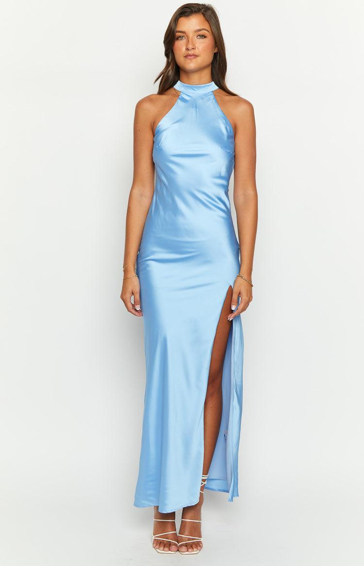 Reese Blue Satin Maxi Dress Product Image