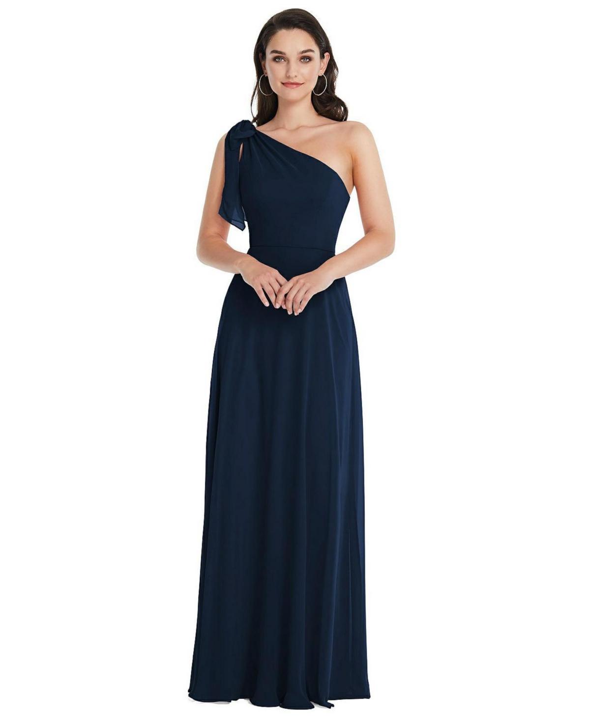 Womens Draped One-Shoulder Maxi Dress with Scarf Bow Product Image