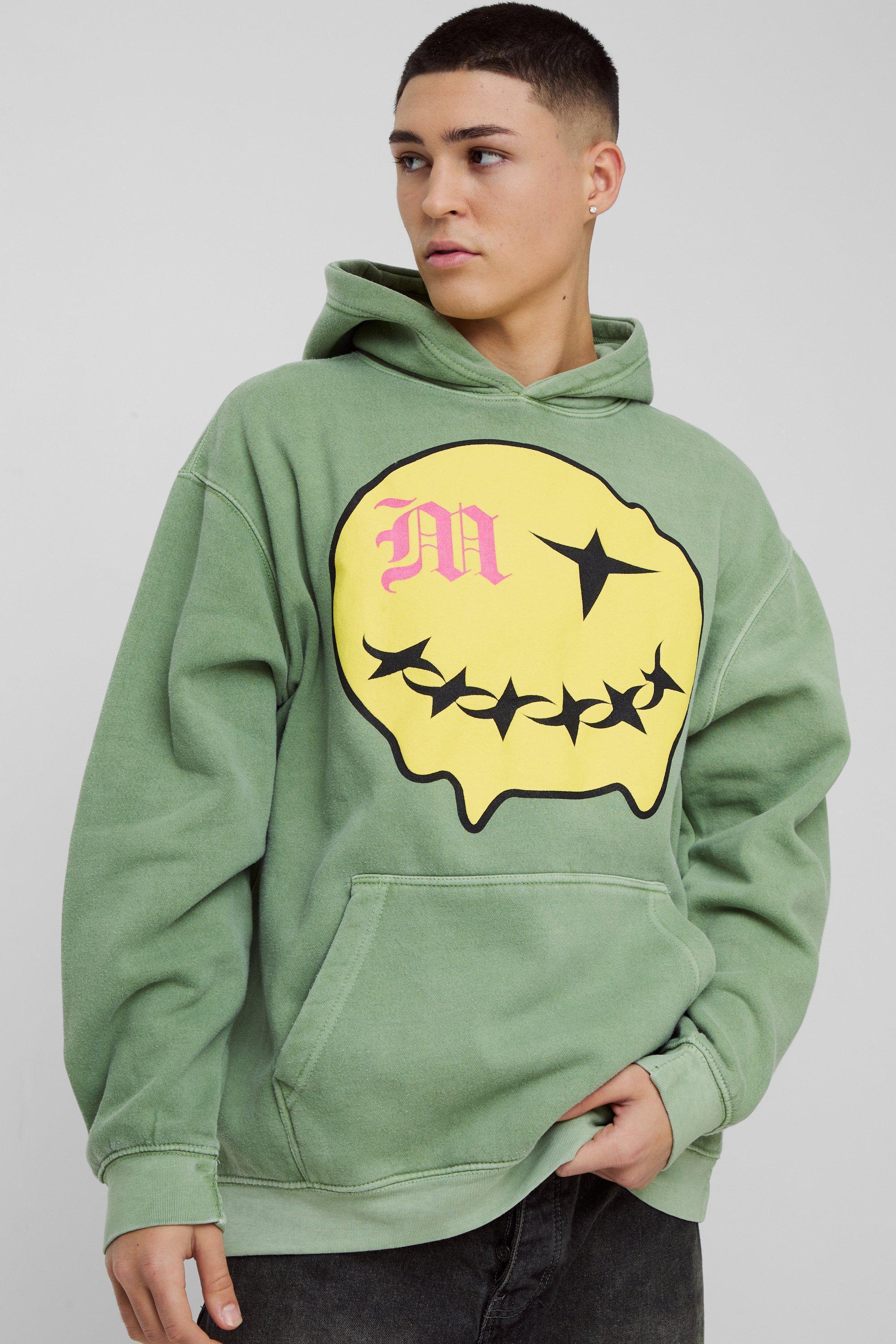 Oversized Puff Print Smiley Graphic Washed Hoodie | boohooMAN USA Product Image