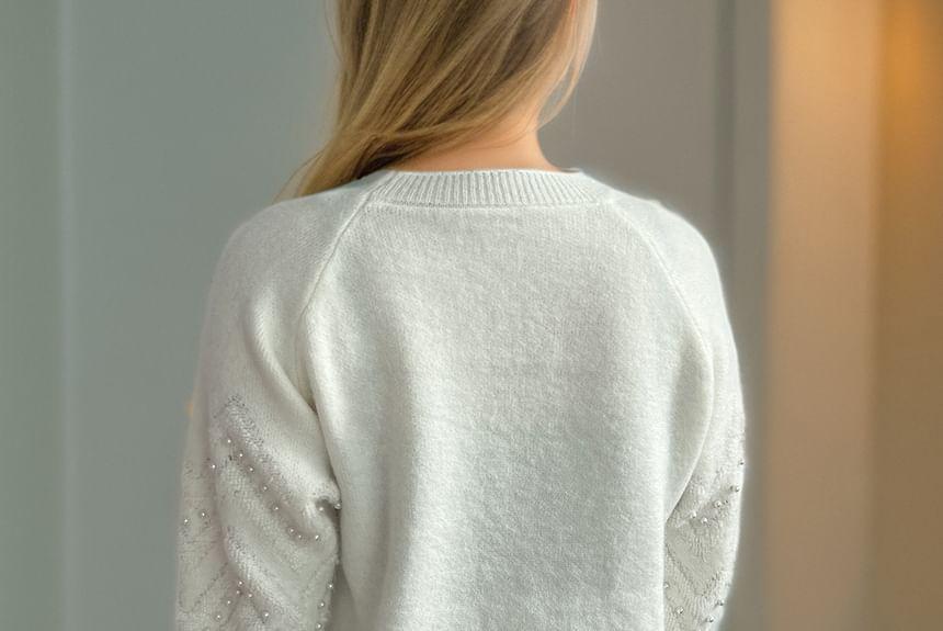 Crew Neck Plain Faux Pearl Accent Sweater Product Image