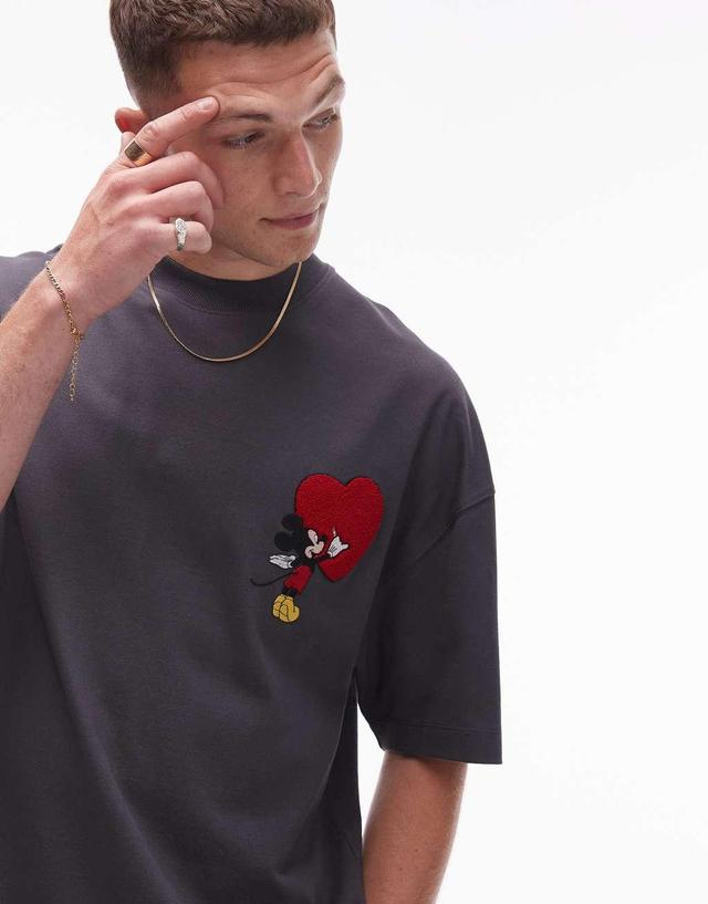 Topman Disney premium extreme oversized fit t-shirt with Mickey heart embroidery patch in charcoal Product Image