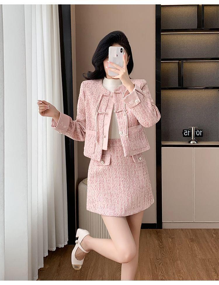 Set: Tweed Frog Buttoned Jacket + High Waist Mini A-Line Skirt Product Image