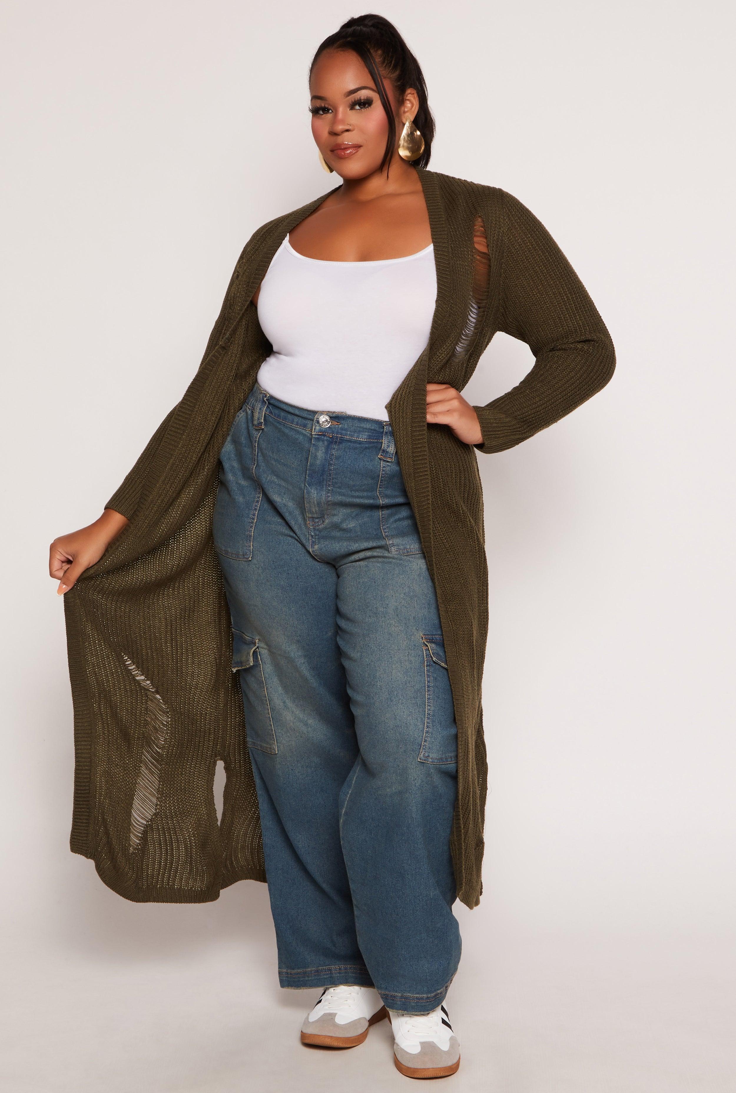 Womens Plus Size Solid Distressed Long Cardigan Product Image