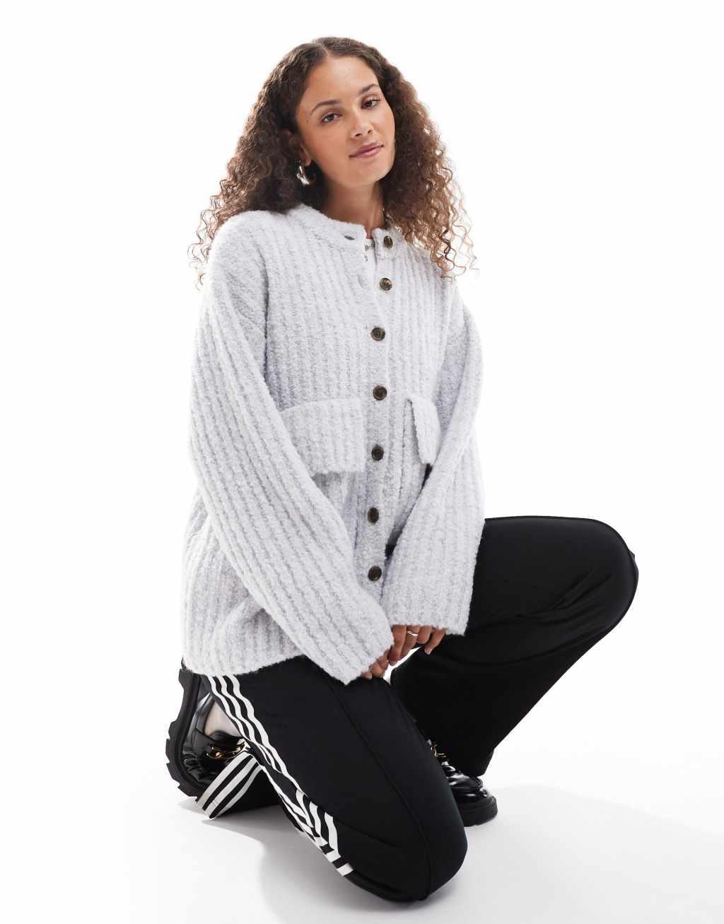 Monki chunky knit rib high neck cardigan with button front and front flap pockets in gray melange Product Image