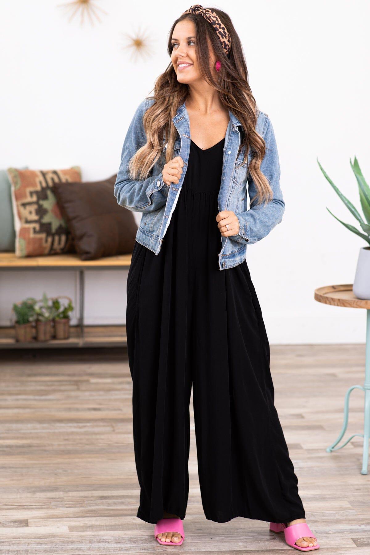 Black Wide Leg V-Neck Jumpsuit Product Image