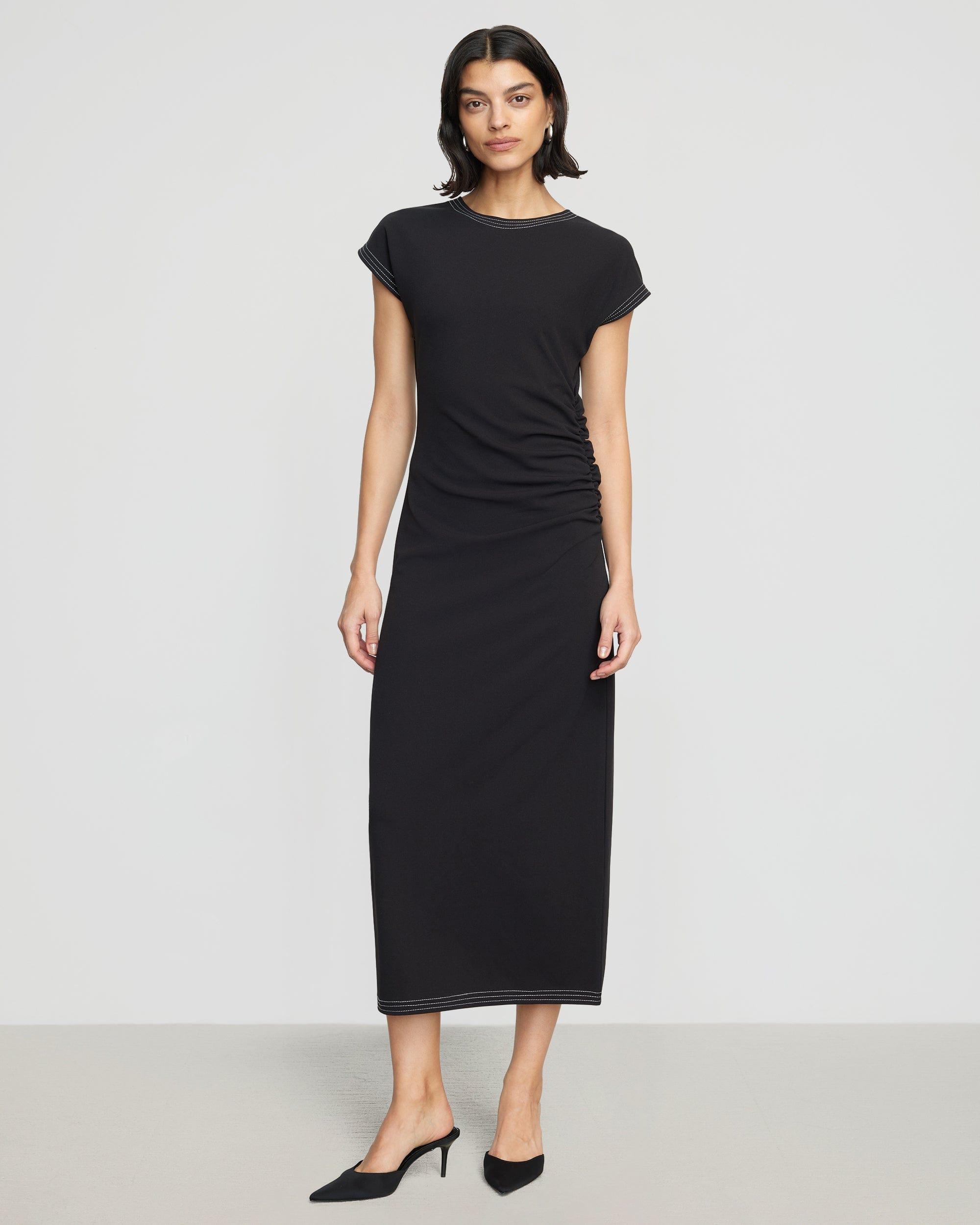 Vela Contrast-Stitch Ruched-Waist Dress Product Image