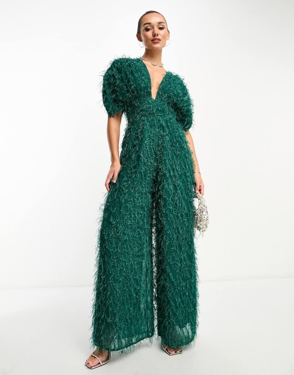 ASOS DESIGN fluffy plunge jumpsuit in green metallic Product Image