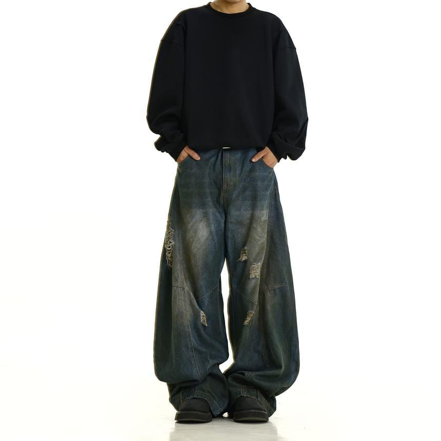 Mid Rise Washed Distressed Wide Leg Jeans Product Image