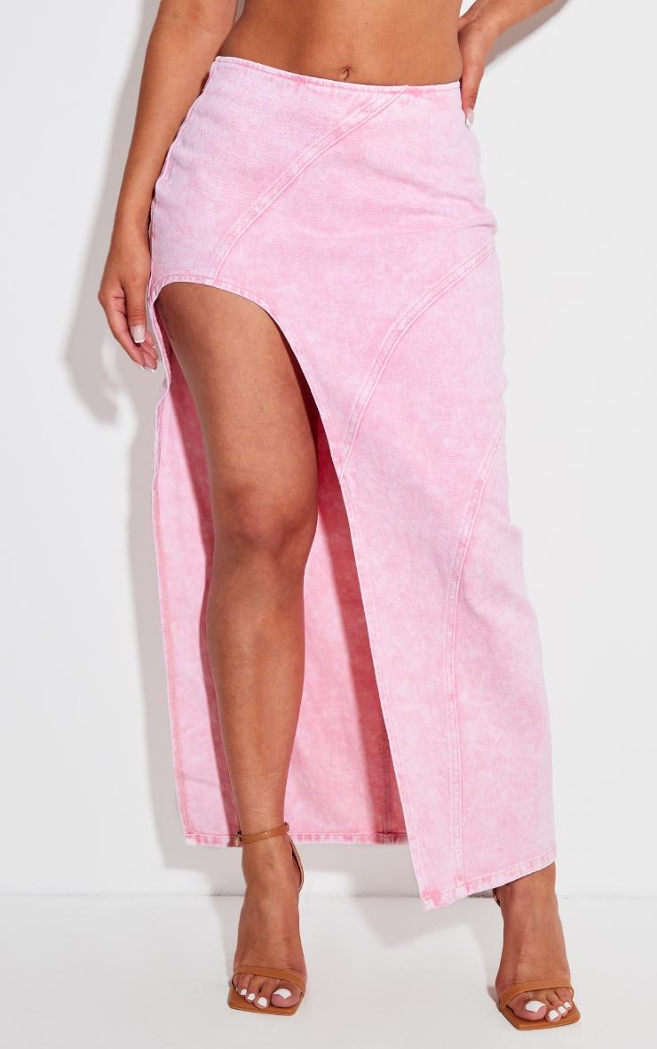 Shape Washed Pink Denim Seam Detail High Split Maxi Skirt Product Image