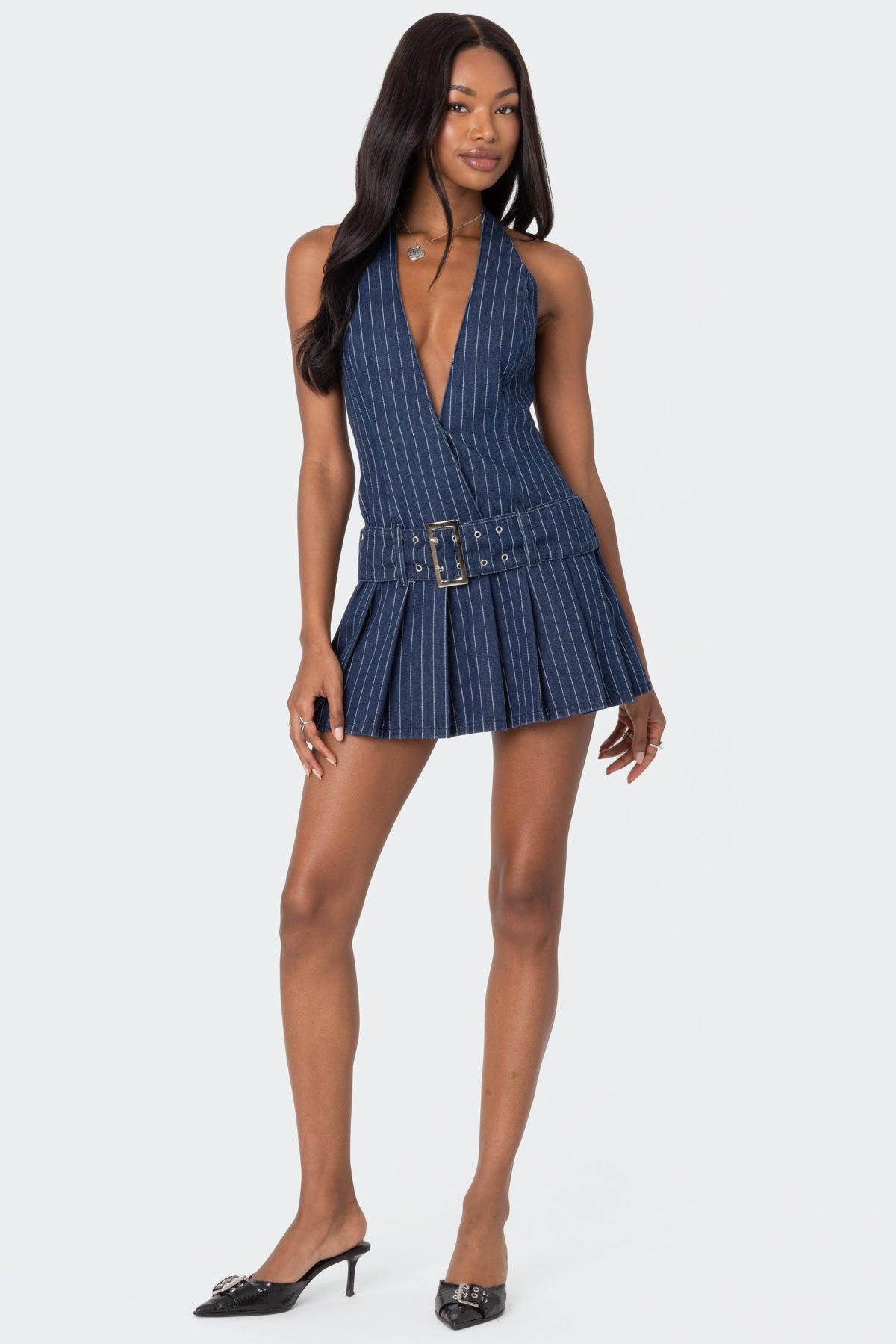 Belted Pinstripe Denim Mini Dress Product Image