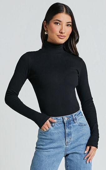 Isabela Bodysuit - High Neck Long Sleeve Ribbed Bodysuit in Black Product Image