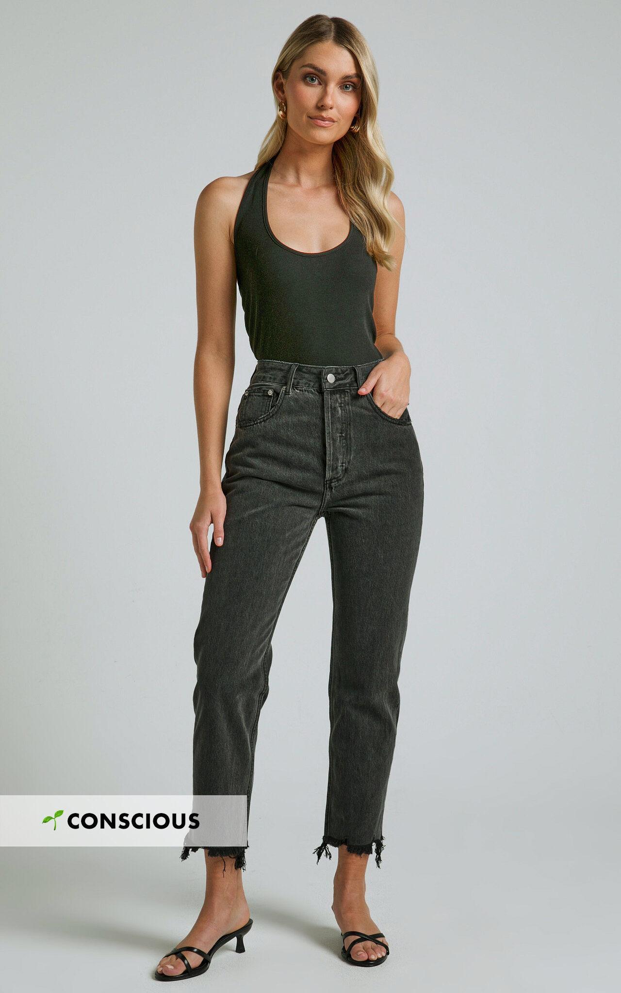 Zelrio Jeans - High Waisted Recycled Cotton Cropped Denim Jeans in Washed Black Product Image