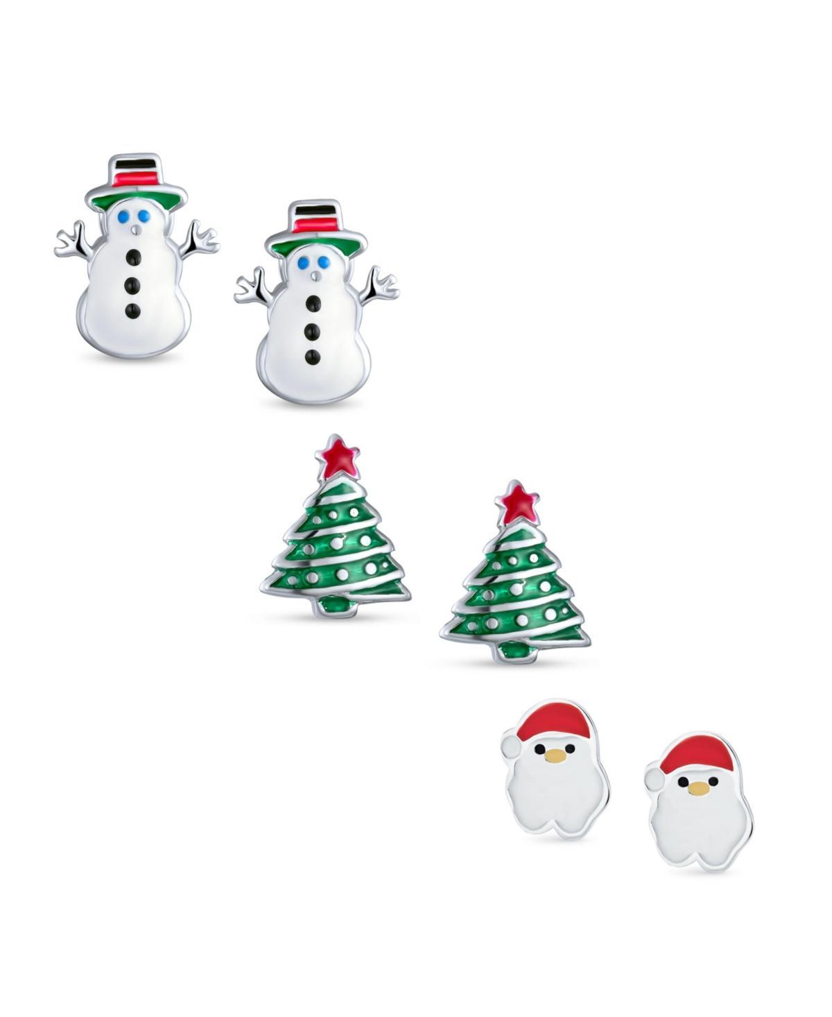 Bling Jewelry Small Fun Holiday Winter Colors Enamel Santa Claus Christmas Tree Snowman Stud Earrings Set For Women Sterling Silver Product Image