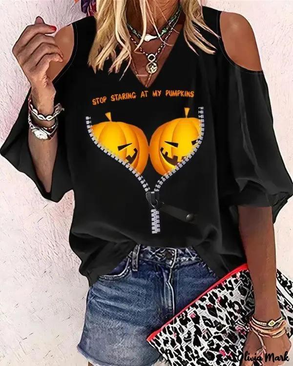 Olivia Mark – Pumpkin Print Off The Shoulder Halloween Top Product Image