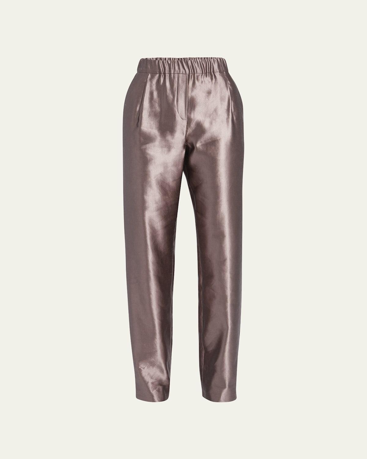 Metallic Silk Straight-Leg Pull-On Trousers Product Image