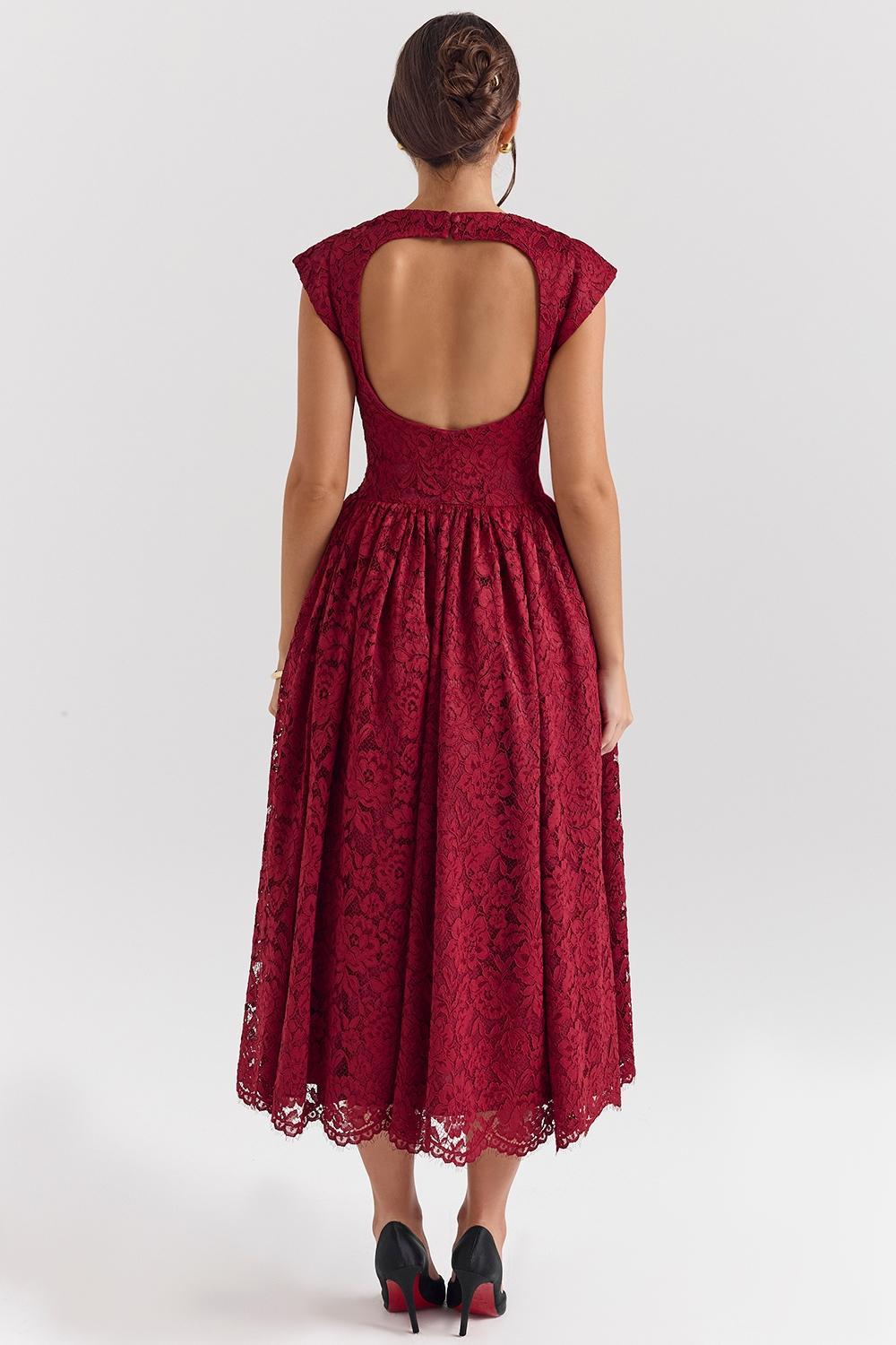 Debutante Berry Lace Backless Midi Dress Product Image